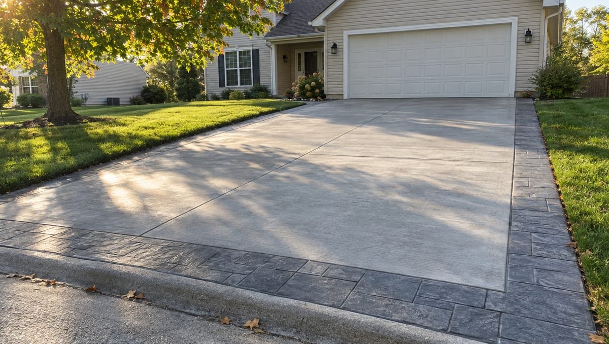 Finished residential concrete driveway seen from the curb