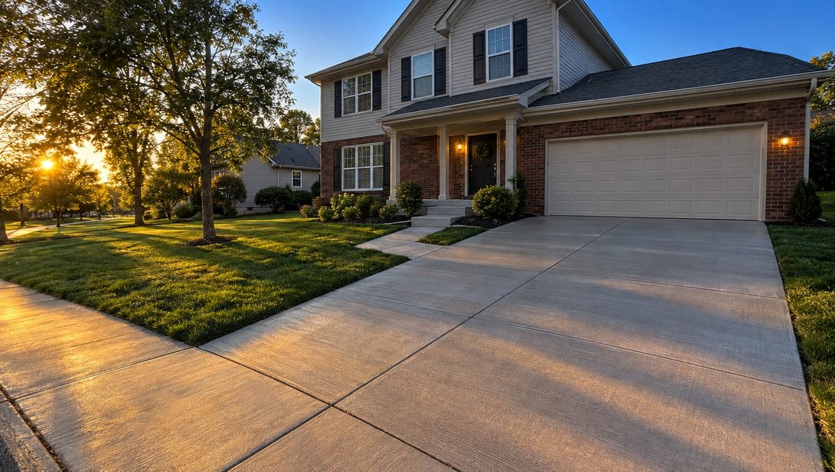 Freshly finished concrete sidewalk along a home
